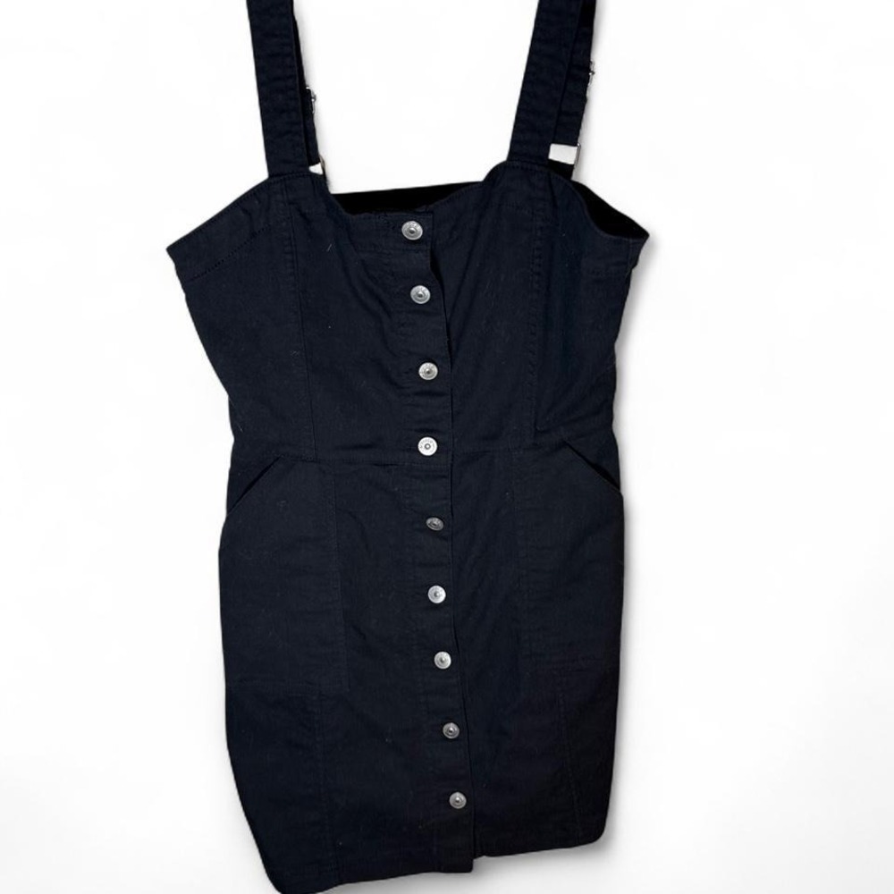 H&M Divided Black Denim Pinafore Button Front Overall Mini Dress Womens Size 8